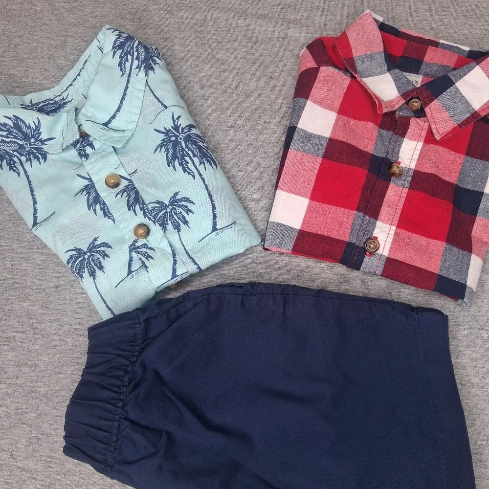 Carters 3 Pcs Bundle Shorts & Button-up T-shirt Beach Palm Print & Classic Red